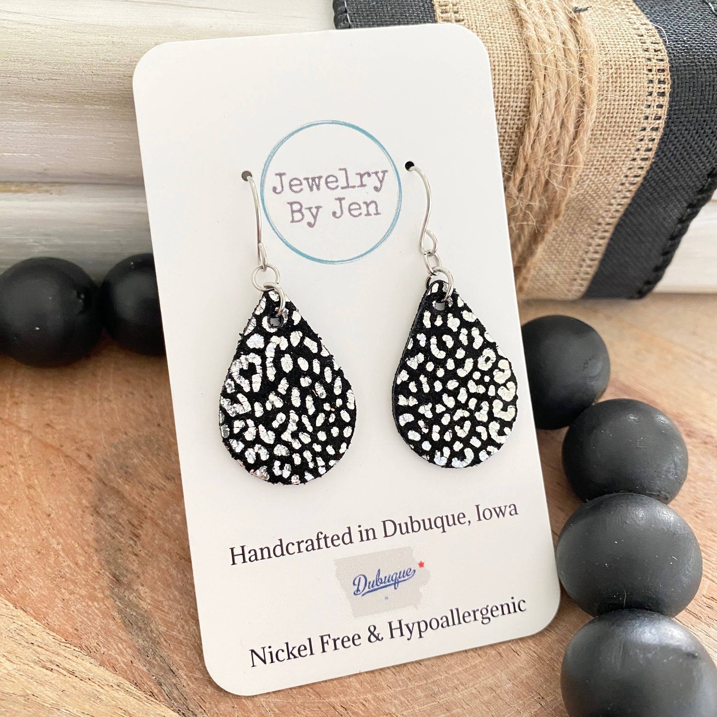 Small Teardrop Earrings in Black & Silver Spotted