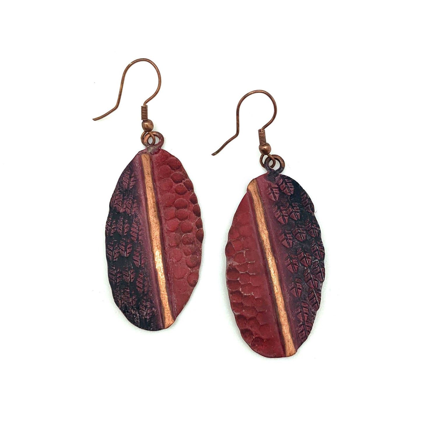 Copper Patina Earrings - Red Feathers and Circles