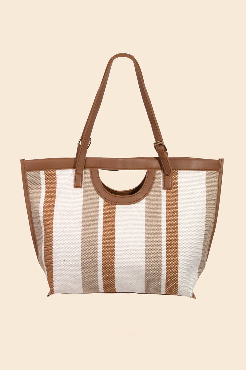 Striped Faux Leather Trim Tote Bag in Brown