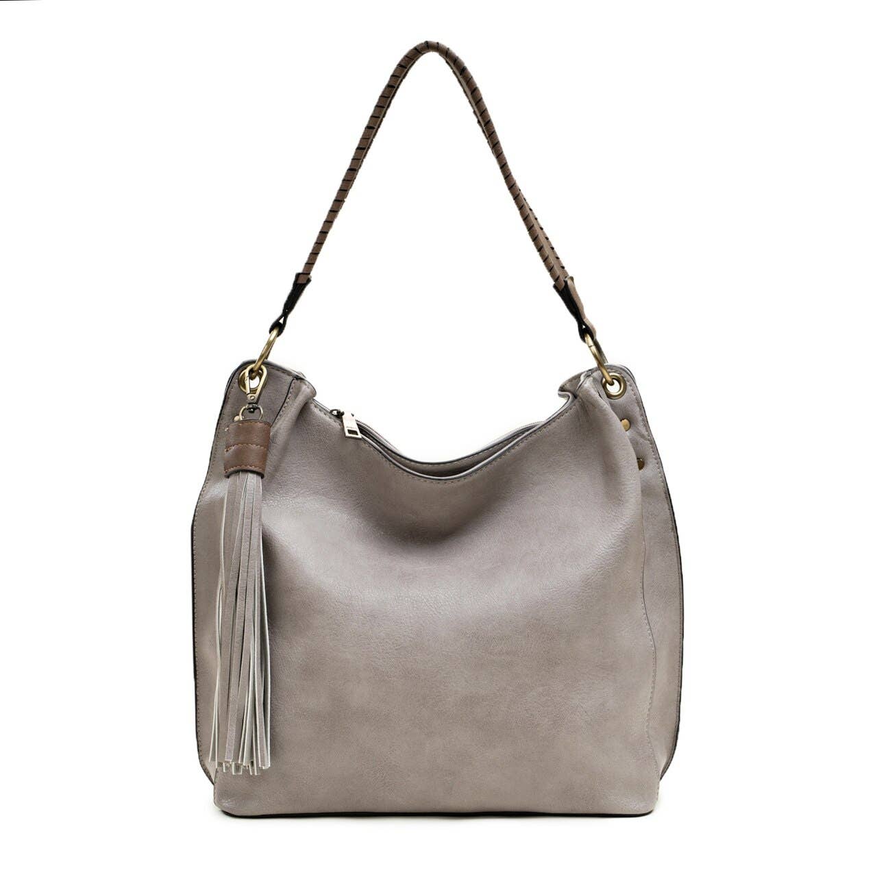 Amber Three Compartment Tassel Hobo Bag in Grey