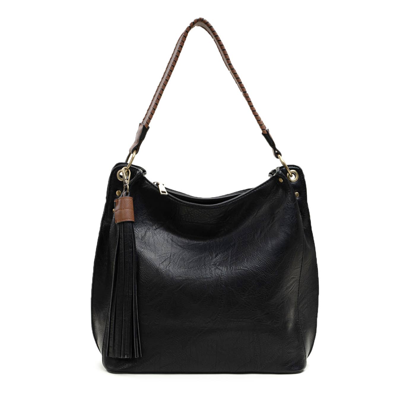 Amber Three Compartment Tassel Hobo Bag in Black