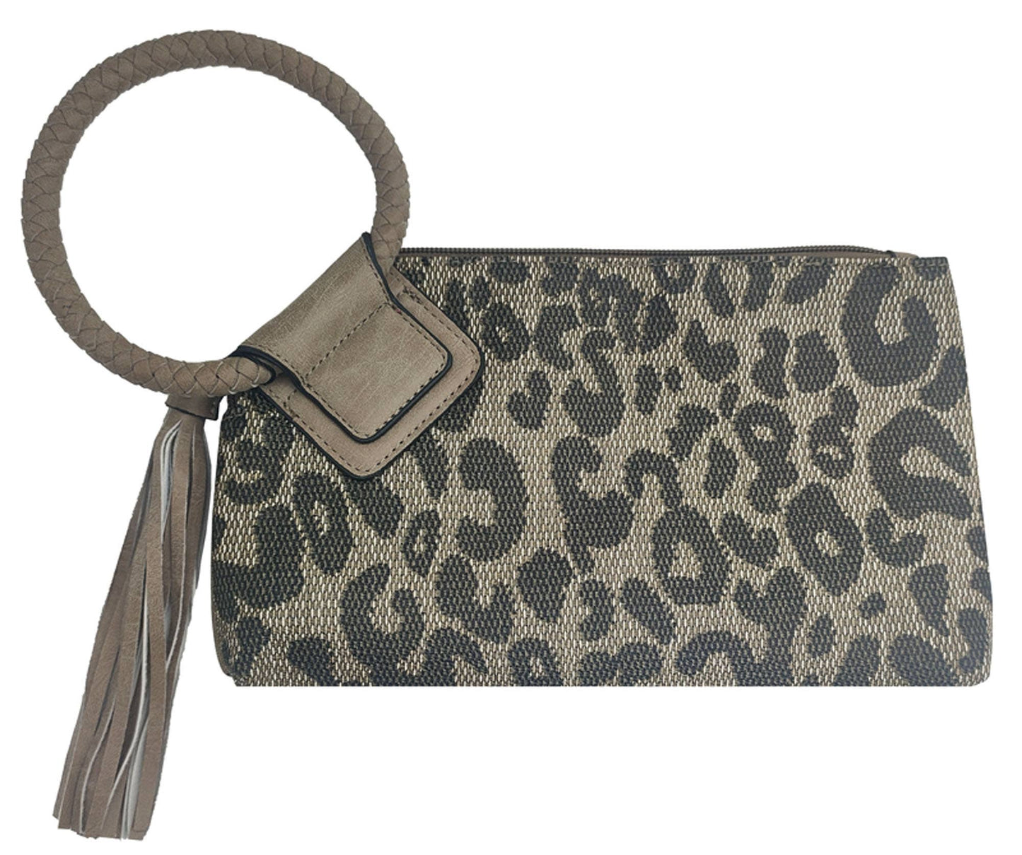 Cuff Handle Tassel Wristlet Clutch in Cheetah Stone