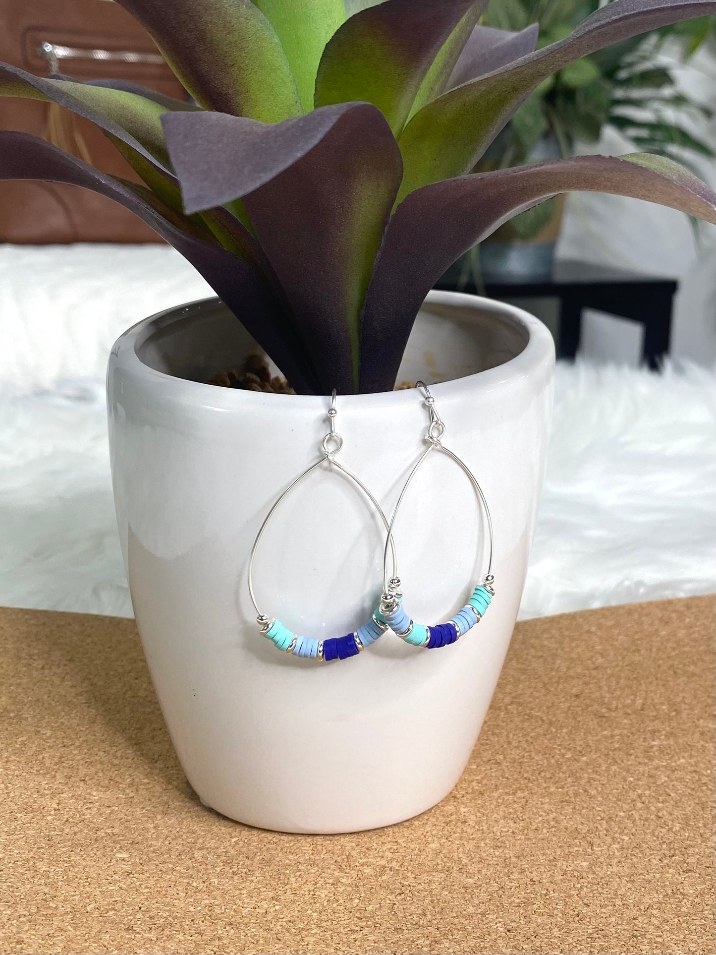 Blue and Teal Heishi Hoop earrings in Silver