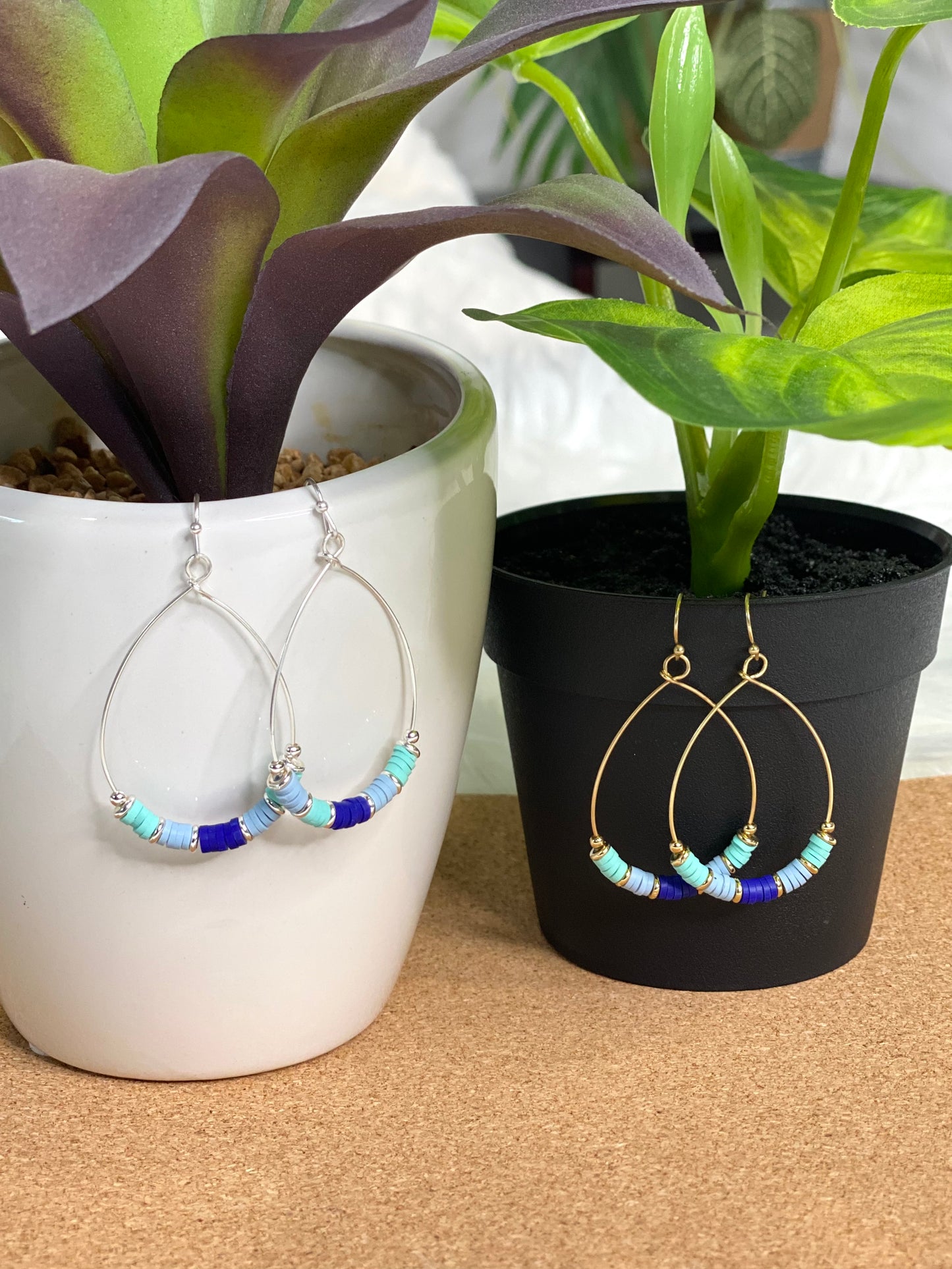 Blue and Teal Heishi Hoop earrings in Silver