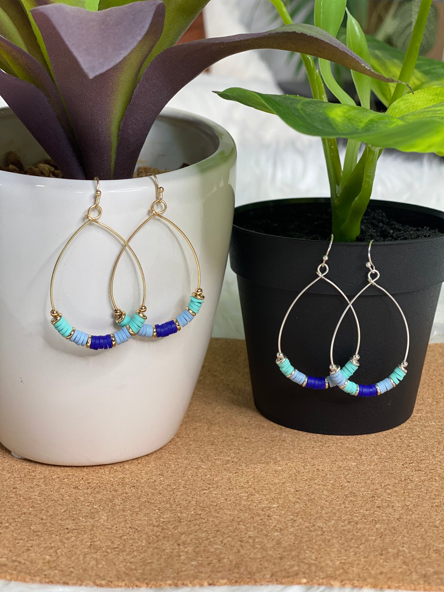 Blue and Teal Heishi Hoop earrings in Gold