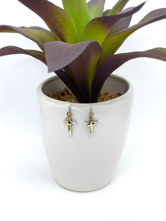 Mixed Metal Layered Cross Dangle Earrings