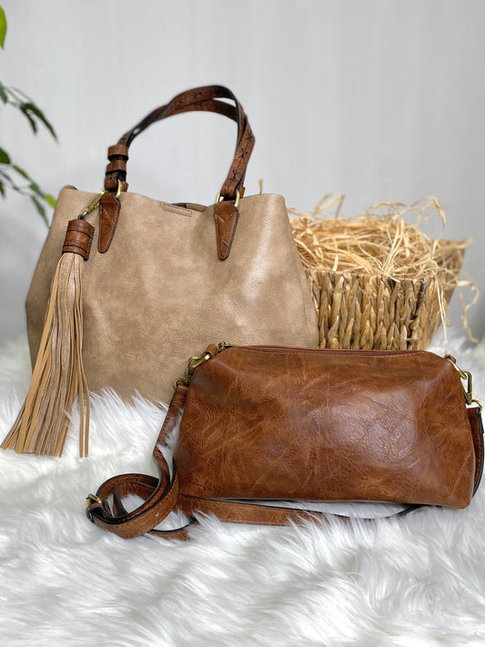 Aliza Large Tassel 2 in 1 Satchel in Khaki