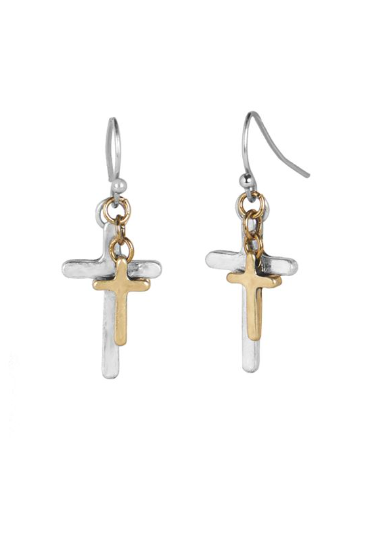 Mixed Metal Layered Cross Dangle Earrings