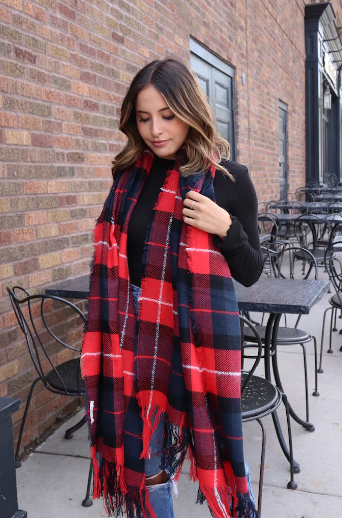 Long Plaid Scarf - Red, navy and black