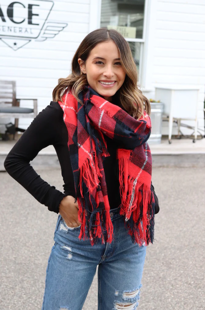 Long Plaid Scarf - Red, navy and black