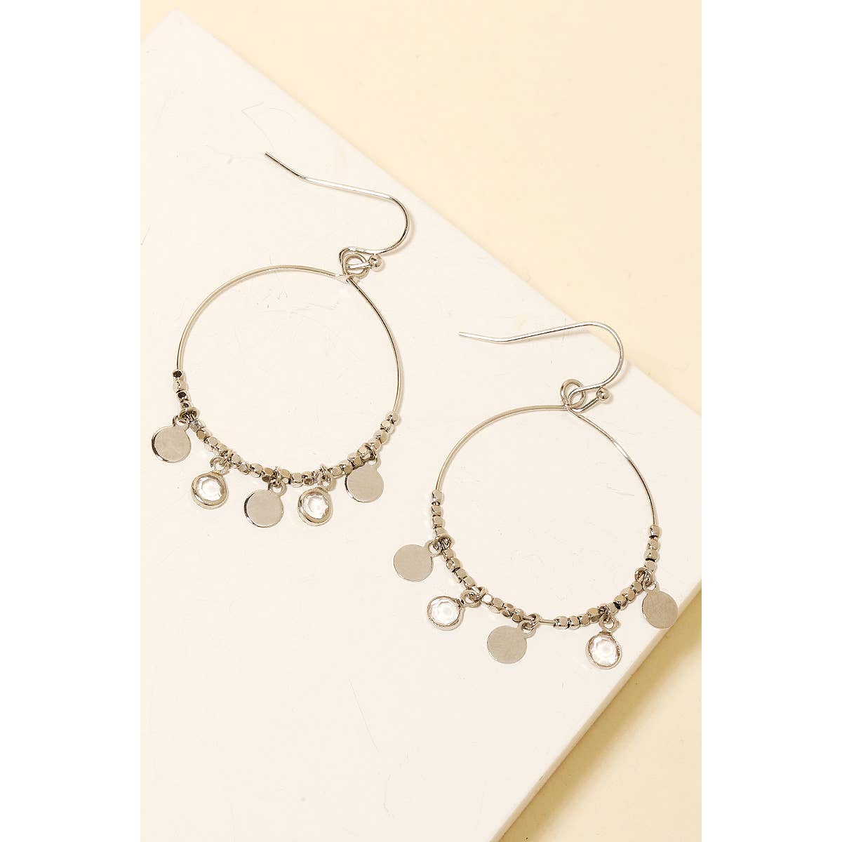 Coin And Rhinestone Charm Hoop Earrings in Silver