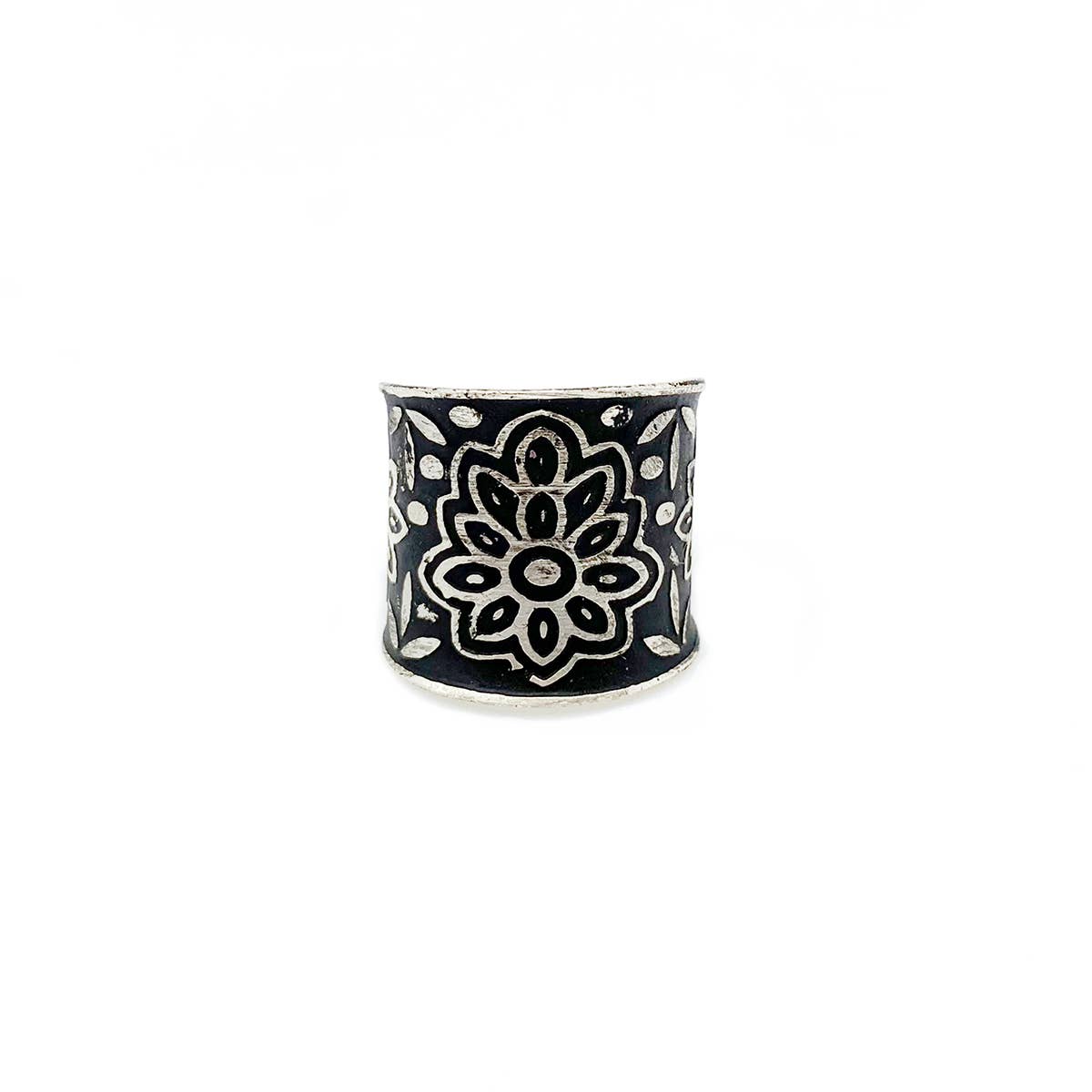 Silver Patina Ring - Black Floral Pattern